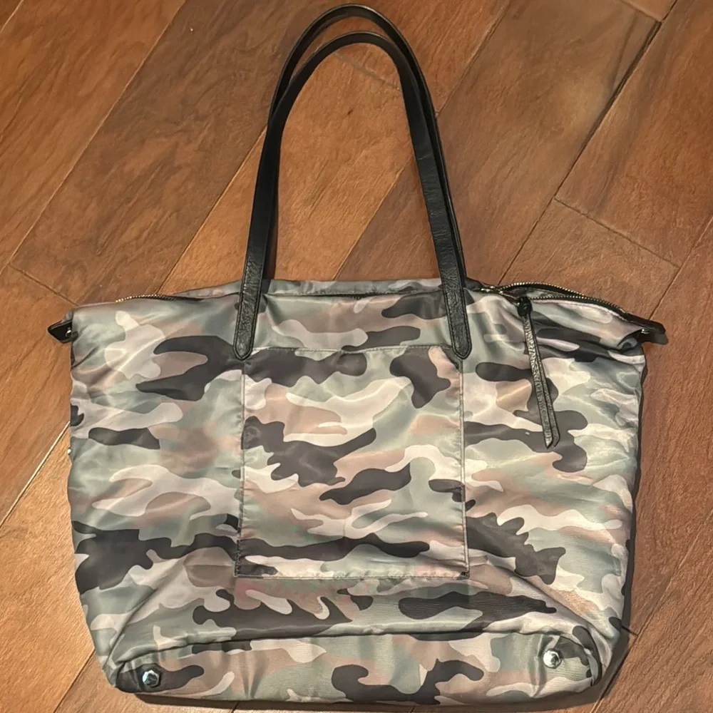 Rebecca Minkoff camouflage camo tote brown leather handles green brown pattern